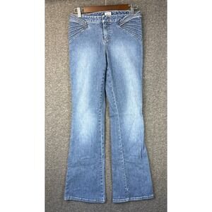 Vintage Cache Blue Bootcut Jeans Size 6 Pleated Sunburst Hip Detail Y2K Mid Rise